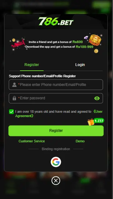 786bet game register screenshot
